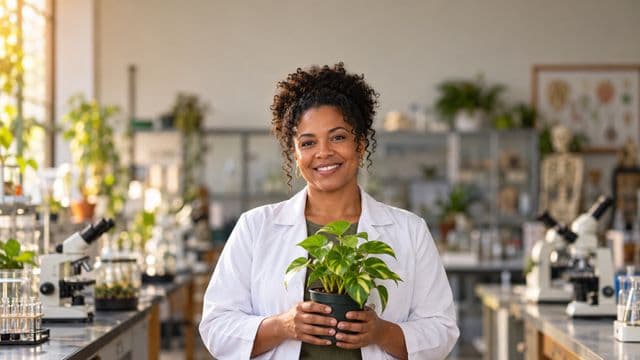 Professora de biologia sorrindo, com jaleco branco, segurando uma planta em um vaso pequeno, em um laboratório de biologia com microscópios