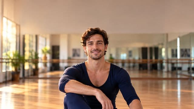 Professor de dança sorrindo, com roupa de dança azul-escura, em postura elegante, em um estúdio de dança com espelhos e piso de madeira