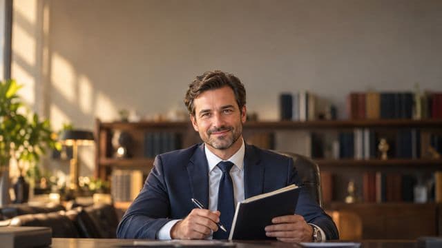 Advogado sorrindo, com terno azul-marinho e camisa branca, segurando um livro de capa lisa e uma caneta, em um escritório de advocacia elegante com estantes de livros