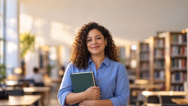 Professora de ciências humanas sorrindo, com camisa social azul, segurando um livro de capa lisa, em uma biblioteca universitária com estantes