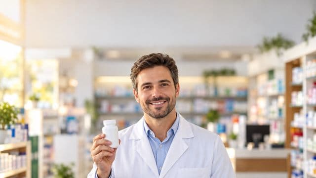 Farmacêutico sorrindo, com jaleco branco, segurando um frasco de medicamento sem rótulo legível, em uma farmácia moderna com prateleiras organizadas