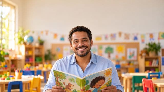 Professor de educação infantil sorrindo, com camisa casual azul-clara, segurando um livro infantil colorido sem título, em uma sala de aula infantil alegre, com mesinhas e desenhos nas paredes
