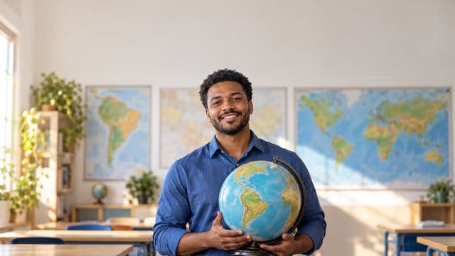 Professor de geografia sorrindo, com camisa social azul, segurando um globo terrestre, em uma sala de aula clara com mapas desfocados nas paredes