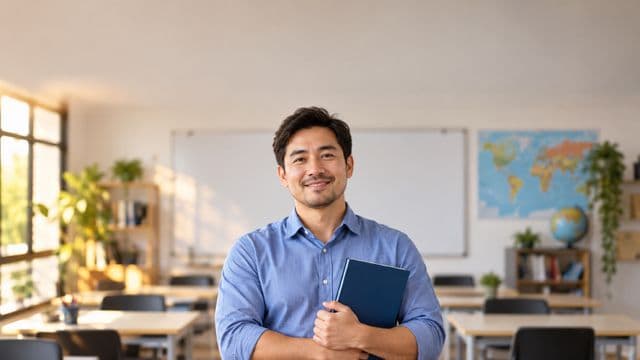 Professor de idiomas sorrindo, com camisa social azul, segurando um livro de capa lisa, em uma sala de aula de idiomas moderna