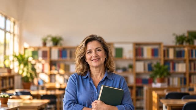 Professora de língua portuguesa sorrindo, com camisa social azul, segurando um livro de capa lisa, em uma biblioteca escolar com estantes