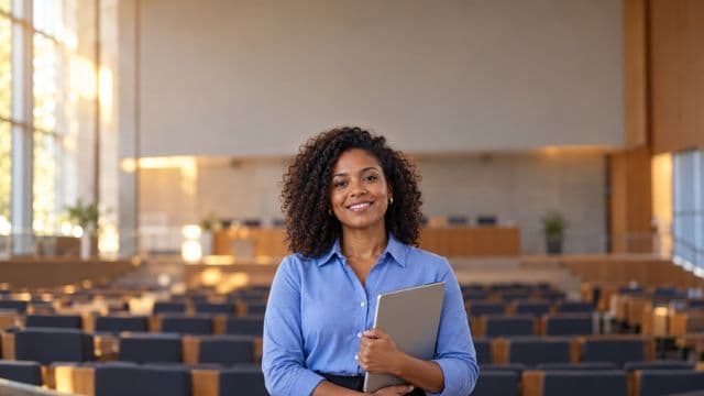 Professora universitária sorrindo, com camisa social azul, segurando um notebook, em um auditório universitário moderno