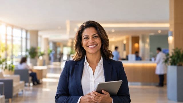 Gestora hospitalar sorrindo, com blazer azul-marinho sobre camisa branca, segurando um tablet, em a recepção de um hospital moderno