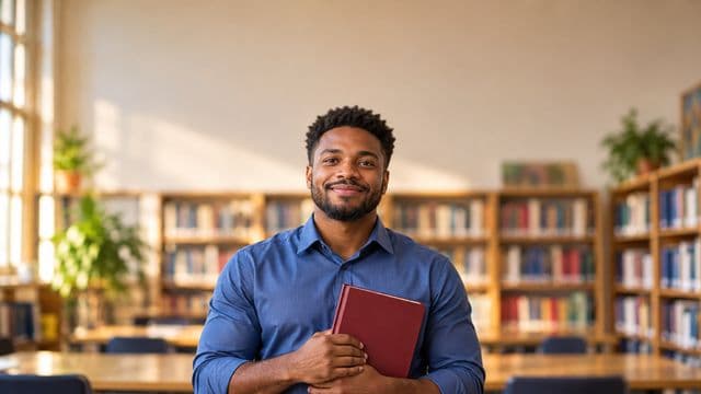 Professor de língua portuguesa sorrindo, com camisa social azul, segurando um livro de capa lisa, em uma biblioteca escolar com estantes