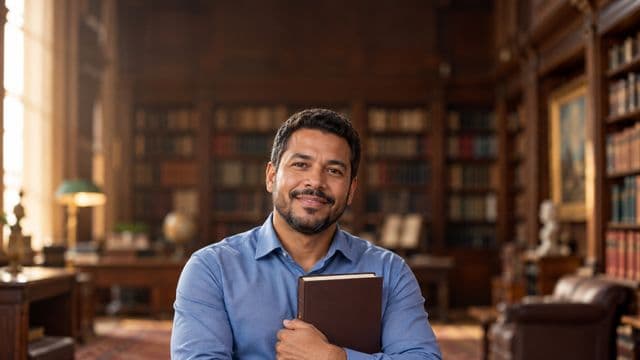 Teólogo sorrindo, com camisa social azul, segurando um livro de capa lisa, em uma biblioteca antiga com estantes de madeira