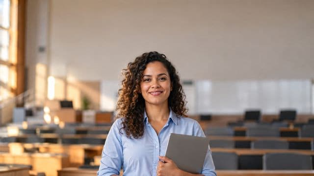 Professora universitária sorrindo, com camisa social azul, segurando um notebook, em um auditório universitário moderno