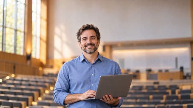 Professor universitário sorrindo, com camisa social azul, segurando um notebook, em um auditório universitário moderno