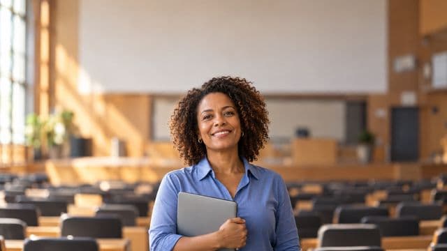 Professora universitária sorrindo, com camisa social azul, segurando um notebook, em um auditório universitário moderno