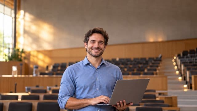 Professor universitário sorrindo, com camisa social azul, segurando um notebook, em um auditório universitário moderno