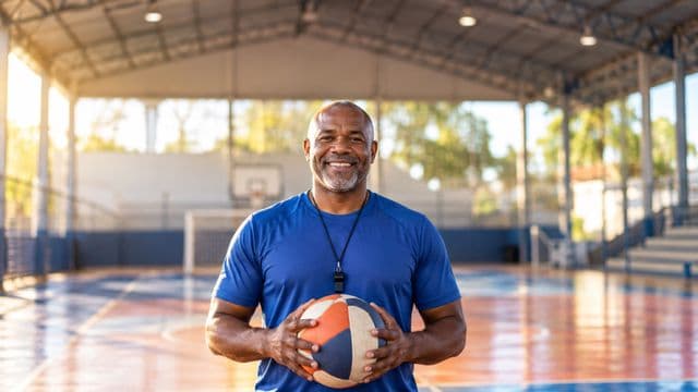 Profissional de educação física sorrindo, com camiseta esportiva azul e apito no pescoço, segurando uma bola, em uma quadra poliesportiva coberta e bem iluminada