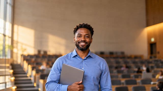Professor universitário sorrindo, com camisa social azul, segurando um notebook, em um auditório universitário moderno