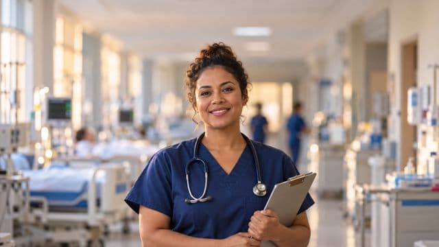 Enfermeira sorrindo, com uniforme hospitalar azul-marinho e estetoscópio no pescoço, segurando uma prancheta, em o corredor de um hospital moderno e bem iluminado, com leitos e equipamentos
