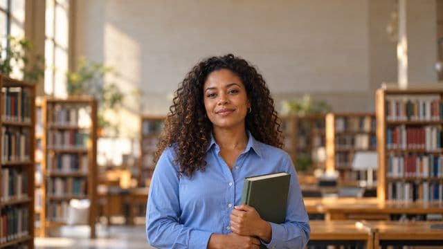 Professora de ciências humanas sorrindo, com camisa social azul, segurando um livro de capa lisa, em uma biblioteca universitária com estantes
