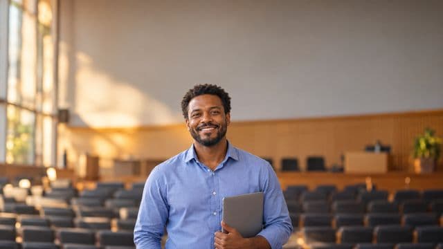 Professor universitário sorrindo, com camisa social azul, segurando um notebook, em um auditório universitário moderno