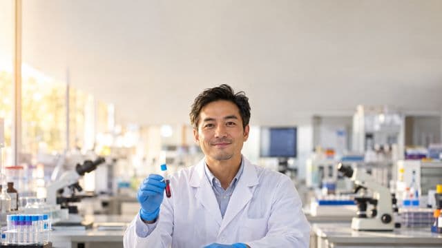 Biomédico sorrindo, com jaleco branco e luvas azuis, segurando um tubo de ensaio, em um laboratório de análises clínicas com microscópios e bancadas