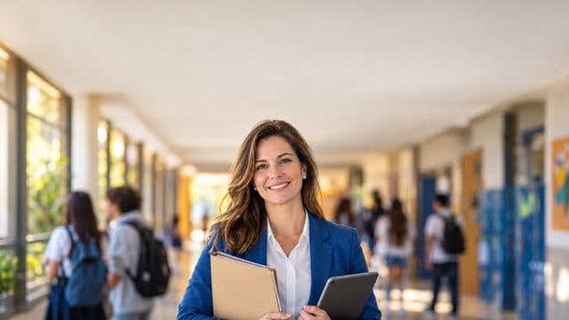 Gestora escolar sorrindo, com blazer azul sobre camisa branca, segurando uma pasta e um tablet, em o corredor de uma escola moderna com alunos desfocados