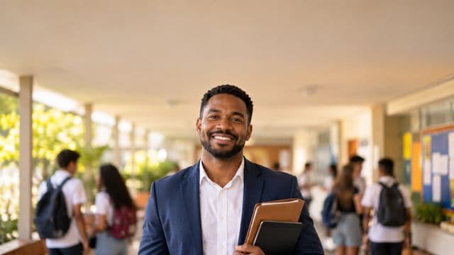 Gestor escolar sorrindo, com blazer azul sobre camisa branca, segurando uma pasta e um tablet, em o corredor de uma escola moderna com alunos desfocados