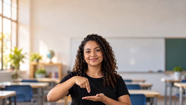 Intérprete de Libras sorrindo, com camisa preta lisa, fazendo um sinal em Libras com as mãos, em uma sala de aula moderna e clara