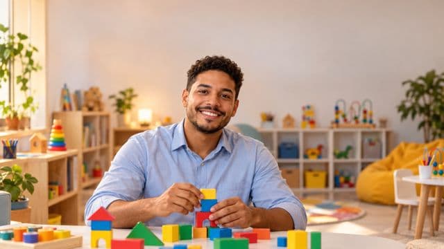 Psicopedagogo sorrindo, com camisa azul-clara, segurando blocos de montar coloridos, em uma sala de atendimento infantil colorida e organizada, com brinquedos pedagógicos