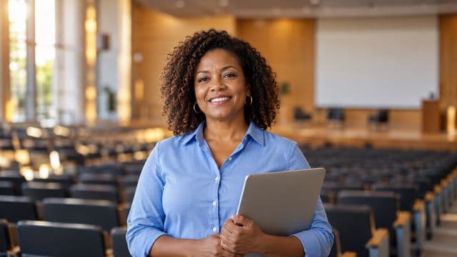 Professora universitária sorrindo, com camisa social azul, segurando um notebook, em um auditório universitário moderno