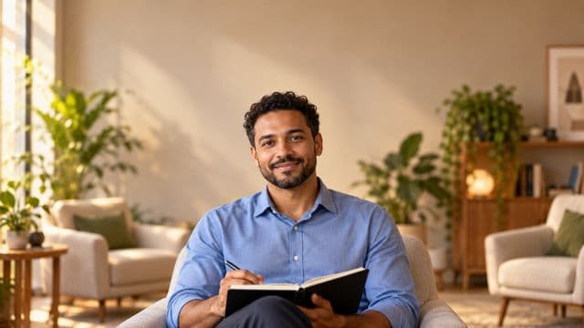 Psicólogo sorrindo, com camisa social azul, sem gravata, segurando um caderno de anotações, em um consultório de psicologia aconchegante com poltronas e plantas