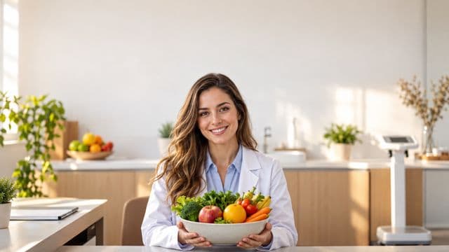 Nutricionista sorrindo, com jaleco branco sobre camisa azul-clara, segurando uma tigela de frutas e legumes frescos, em um consultório de nutrição claro com bancada e balança