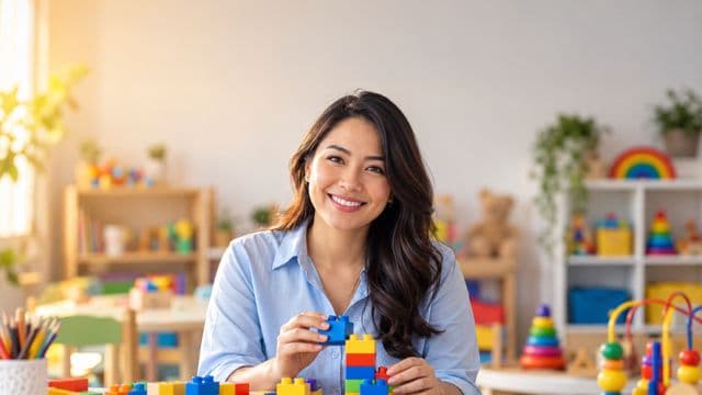 Psicopedagoga sorrindo, com camisa azul-clara, segurando blocos de montar coloridos, em uma sala de atendimento infantil colorida e organizada, com brinquedos pedagógicos