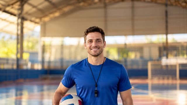 Profissional de educação física sorrindo, com camiseta esportiva azul e apito no pescoço, segurando uma bola, em uma quadra poliesportiva coberta e bem iluminada
