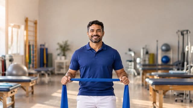 Fisioterapeuta sorrindo, com camisa polo azul e calça branca, segurando uma faixa elástica de exercício, em uma clínica de fisioterapia com macas e aparelhos