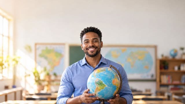 Professor de geografia sorrindo, com camisa social azul, segurando um globo terrestre, em uma sala de aula clara com mapas desfocados nas paredes