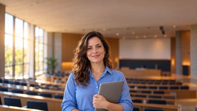 Professora universitária sorrindo, com camisa social azul, segurando um notebook, em um auditório universitário moderno