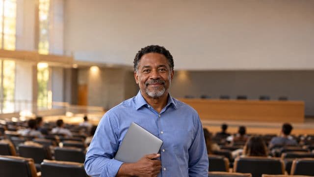 Professor universitário sorrindo, com camisa social azul, segurando um notebook, em um auditório universitário moderno