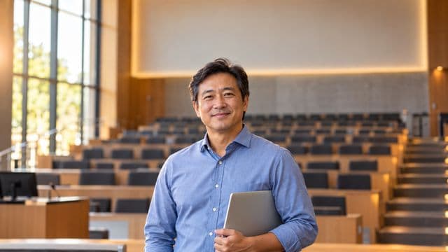 Professor universitário sorrindo, com camisa social azul, segurando um notebook, em um auditório universitário moderno