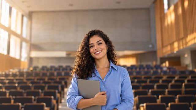 Professora universitária sorrindo, com camisa social azul, segurando um notebook, em um auditório universitário moderno