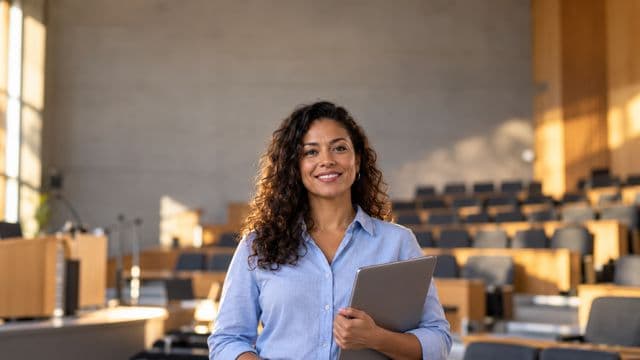 Professora universitária sorrindo, com camisa social azul, segurando um notebook, em um auditório universitário moderno