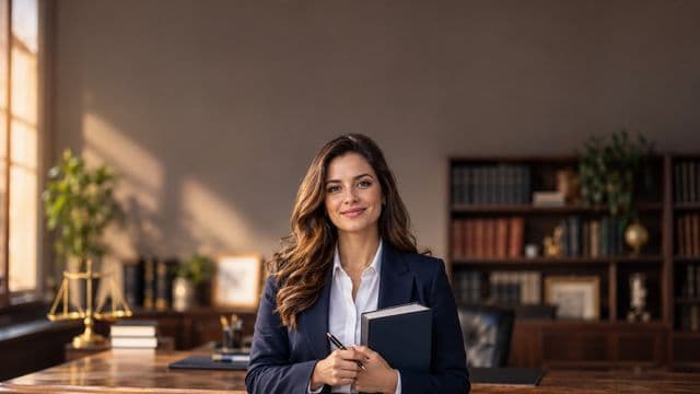 Advogada sorrindo, com terno azul-marinho e camisa branca, segurando um livro de capa lisa e uma caneta, em um escritório de advocacia elegante com estantes de livros