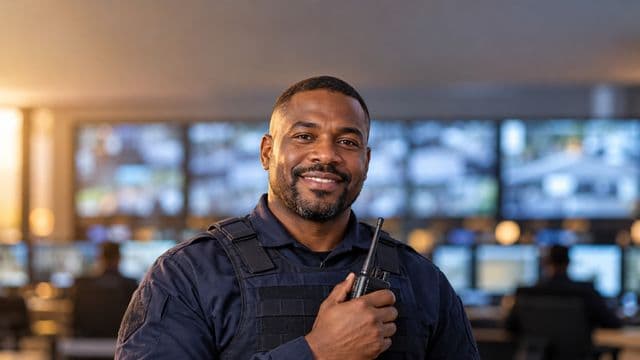 Profissional de segurança pública sorrindo, com farda azul-escura sem brasões, segurando um rádio comunicador, em uma central de monitoramento com telas