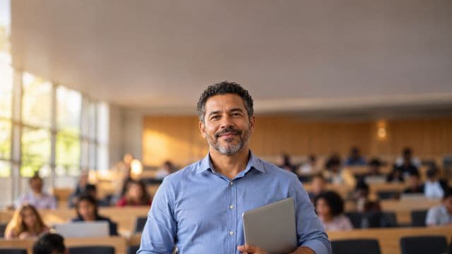 Professor universitário sorrindo, com camisa social azul, segurando um notebook, em um auditório universitário moderno