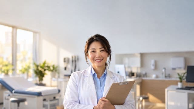 Profissional de saúde sorrindo, com jaleco branco sobre camisa azul-clara, segurando uma prancheta, em uma clínica moderna e bem iluminada