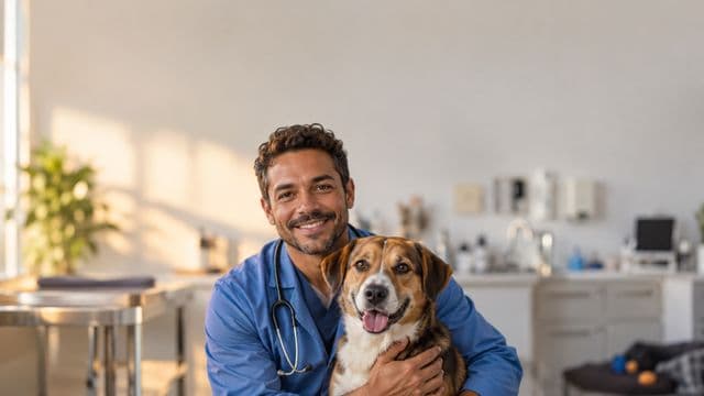 Médico veterinário sorrindo, com jaleco azul e estetoscópio, segurando com carinho um cachorro de porte médio, em uma clínica veterinária moderna