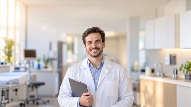 Profissional de saúde sorrindo, com jaleco branco sobre camisa azul-clara, segurando uma prancheta, em uma clínica moderna e bem iluminada