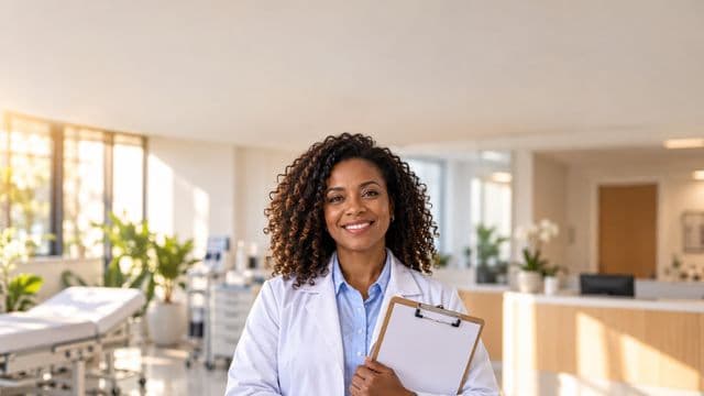 Profissional de saúde sorrindo, com jaleco branco sobre camisa azul-clara, segurando uma prancheta, em uma clínica moderna e bem iluminada