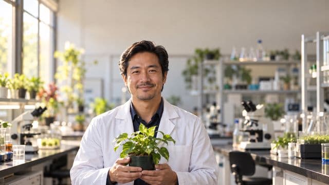 Professor de biologia sorrindo, com jaleco branco, segurando uma planta em um vaso pequeno, em um laboratório de biologia com microscópios