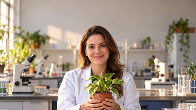Professora de biologia sorrindo, com jaleco branco, segurando uma planta em um vaso pequeno, em um laboratório de biologia com microscópios
