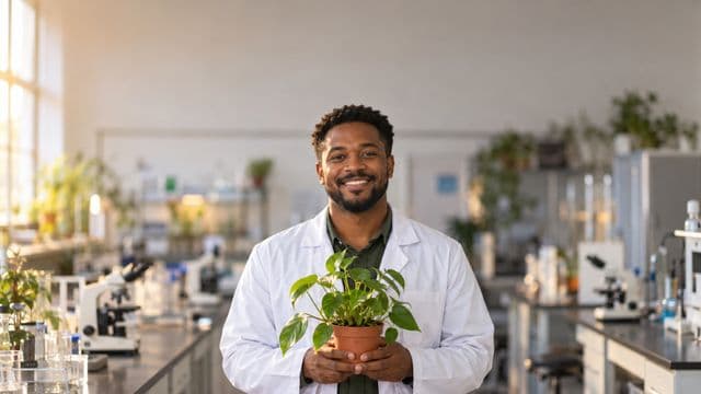 Professor de biologia sorrindo, com jaleco branco, segurando uma planta em um vaso pequeno, em um laboratório de biologia com microscópios