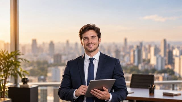 Analista financeiro sorrindo, com terno azul-marinho, segurando um tablet, em um escritório corporativo com vista para a cidade